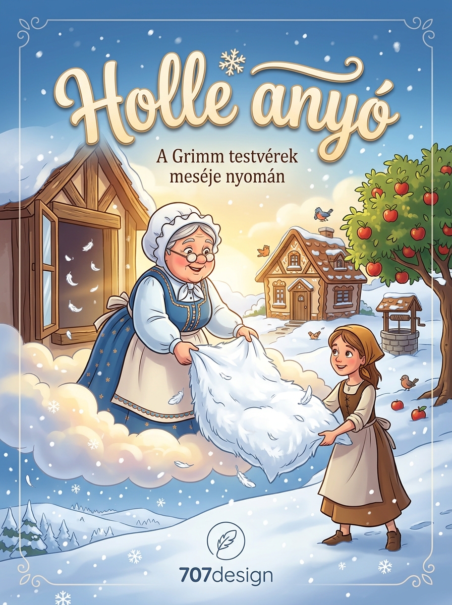 A Holle anyó című Grimm-mesekönyv borítója — Holle anyó és a lány havat ráz egy dunyhából téli tájban